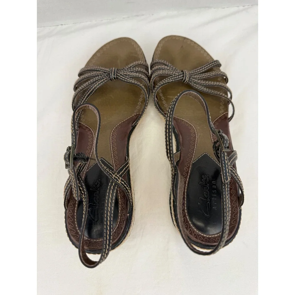 Clarks Artisan Brown Leather Strappy Espadrille Wedge Sandals Heel 3in‎